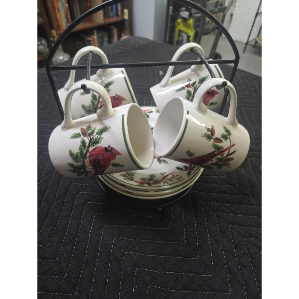American Atelier Cardinal 5199 Stoneware Mug and Plate Set with Metal Rack 9pc